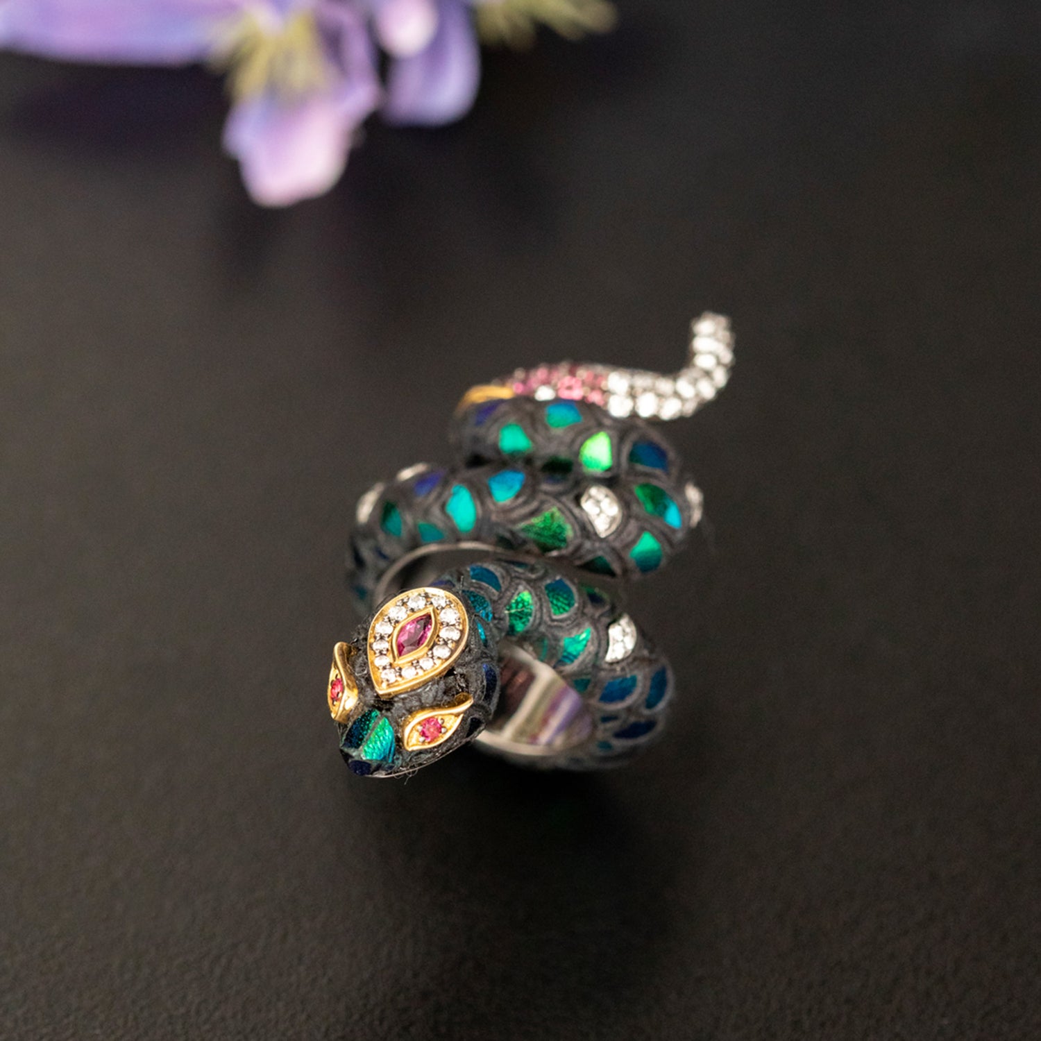 Coiled Serpent Scarab Ring with Diamond & Pink Tourmaline