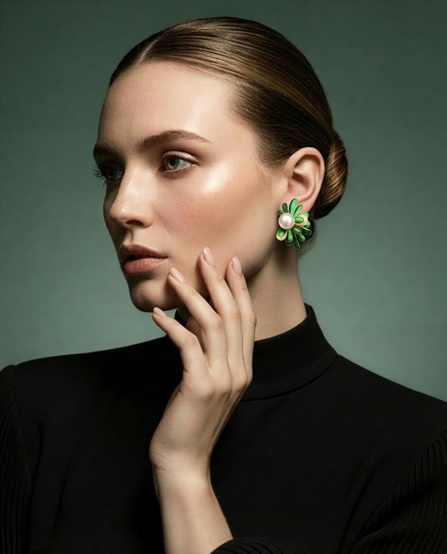 Radiating Scarab Sunburst and Pearl Earrings with Diamond