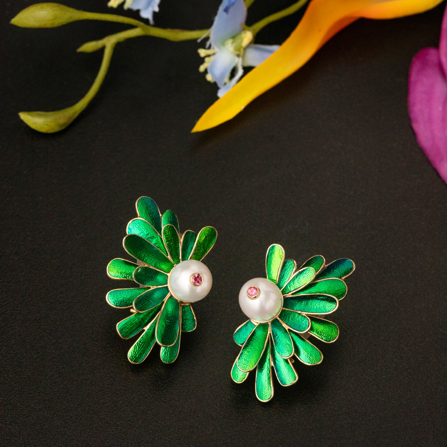 Radiating Scarab Sunburst and Pearl Earrings with Pink Tourmaline