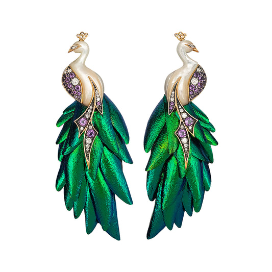 Scarab Feathered Peacock Earrings with Amethyst & Diamond