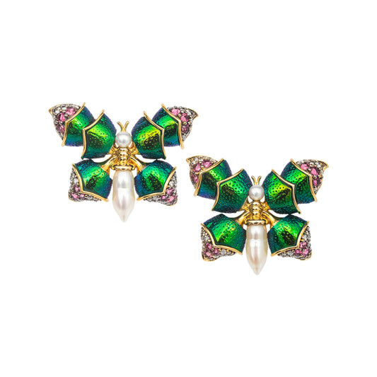 Fluttering Scarab Butterfly Earrings with Diamond, Pink Tourmaline & Pearl