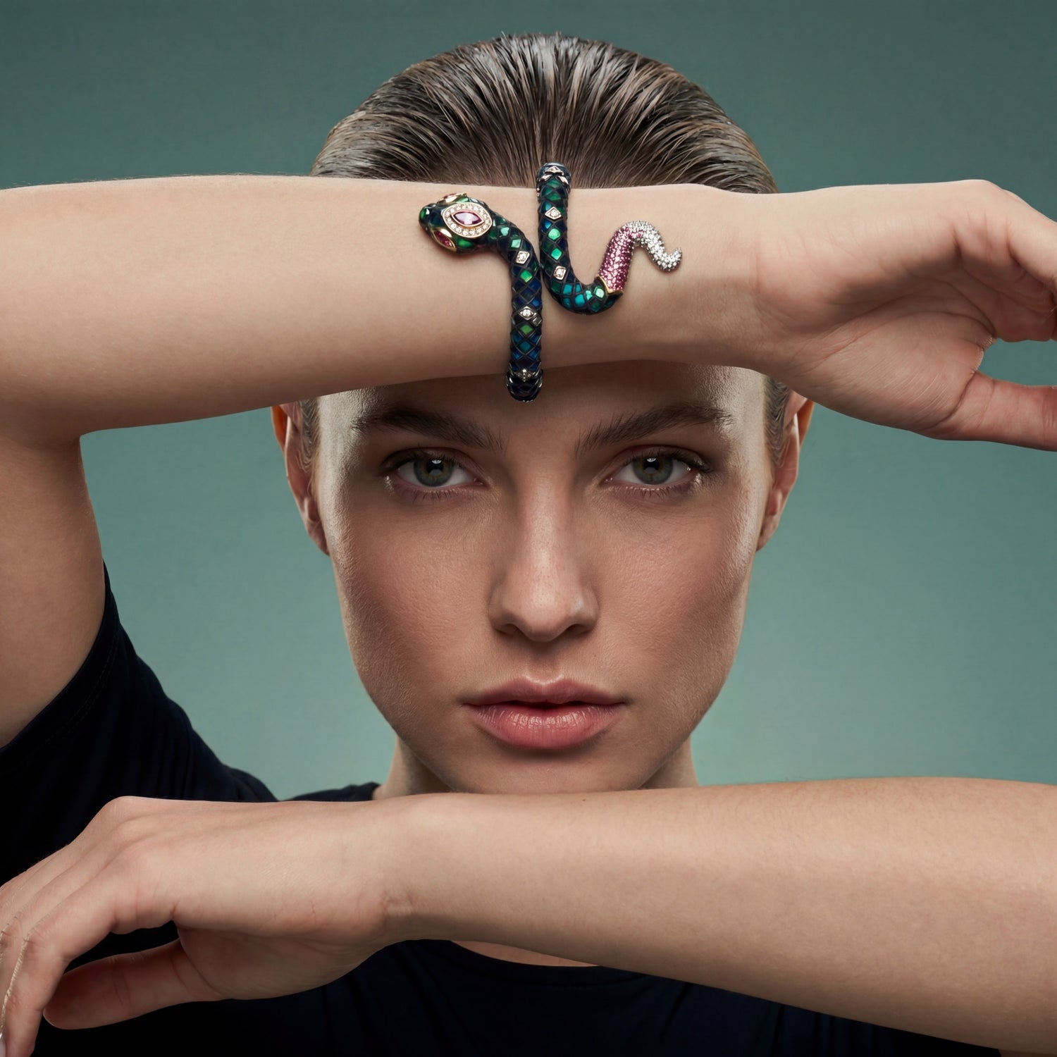 Scarab Serpent Bangle with  Diamond & Pink Tourmaline
