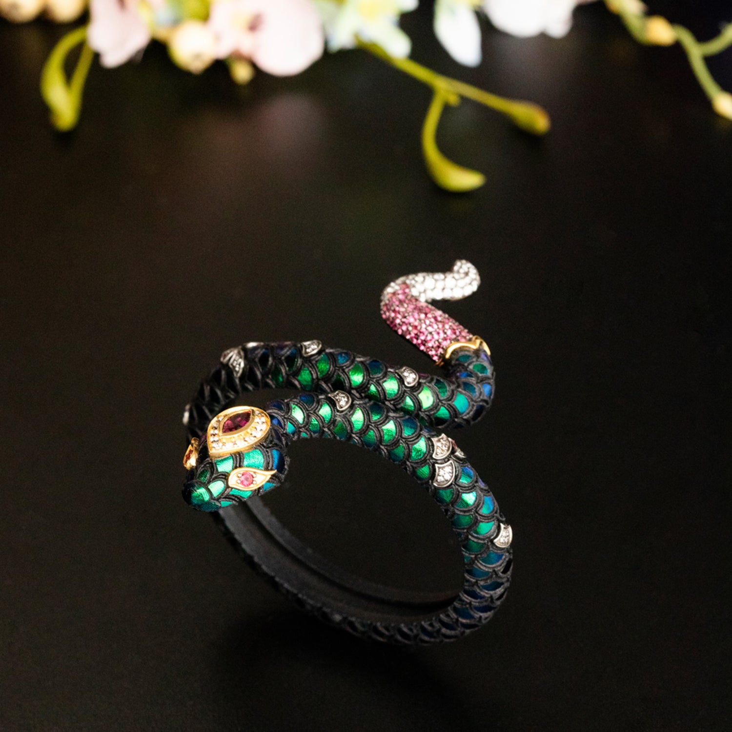 Scarab Serpent Bangle with  Diamond & Pink Tourmaline