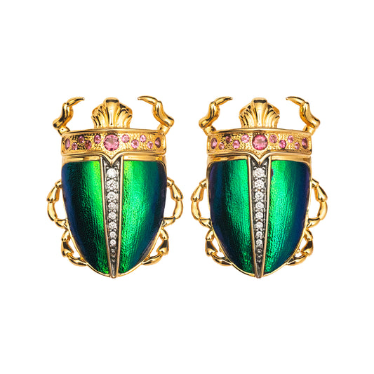 Scarab-Winged Beetle Earrings with Diamond & Pink Tourmaline