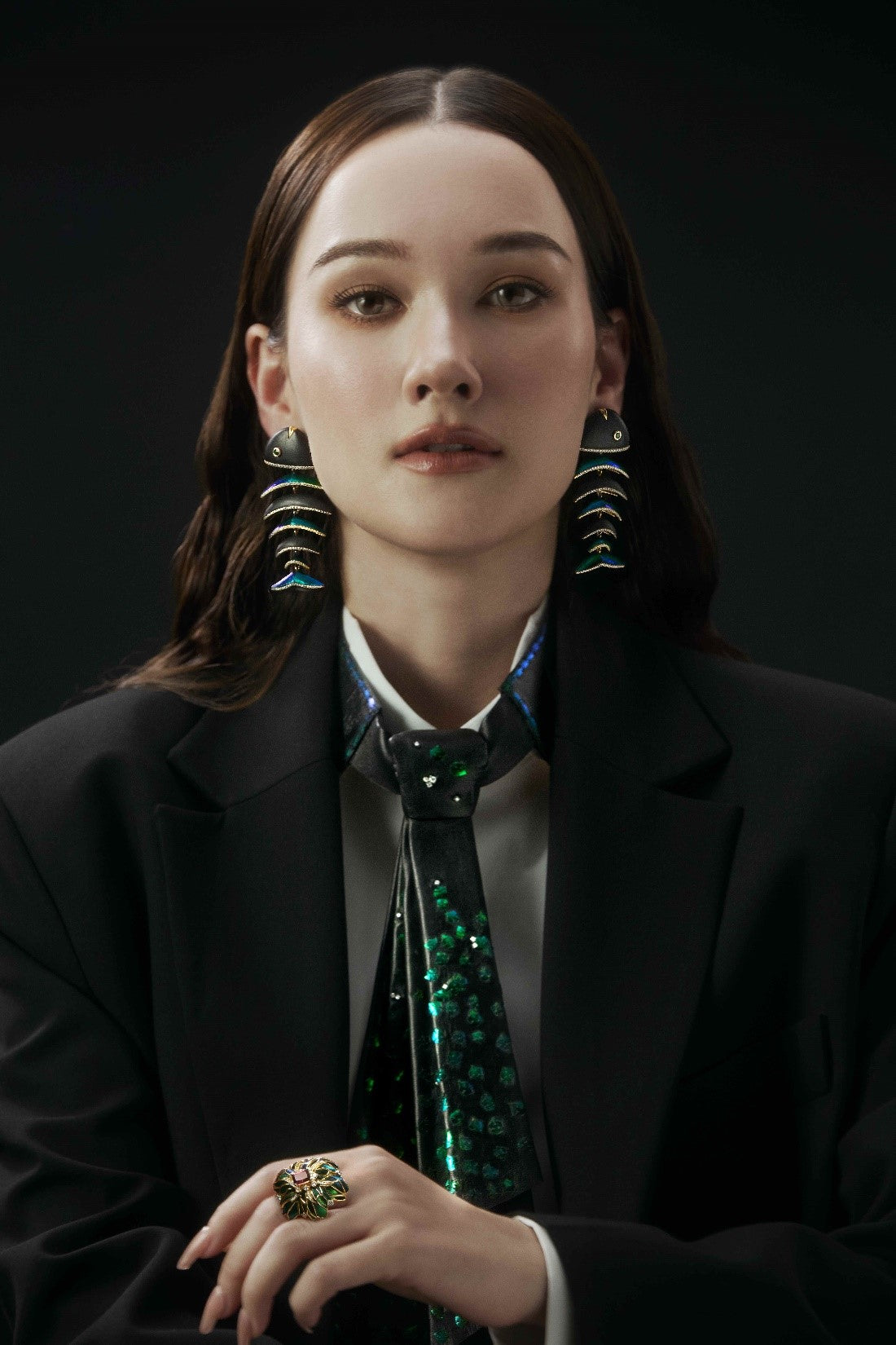 Scarab-Studded Koi Cascade Earrings with Diamond & Tsavorite