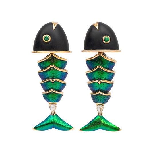 Scarab-Scaled Koi Fish Earrings with Diamond & Tsavorite