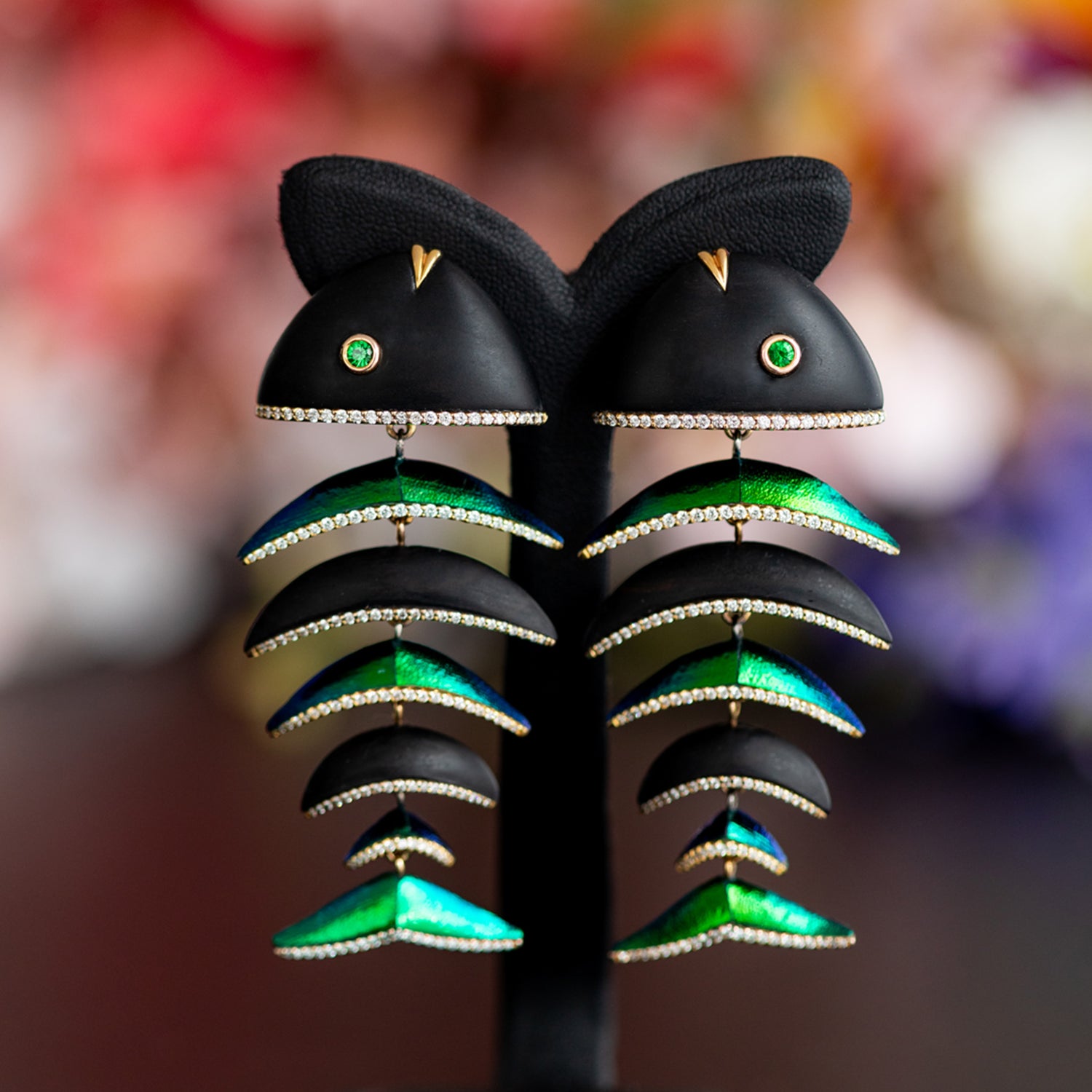 Scarab-Studded Koi Cascade Earrings with Diamond & Tsavorite