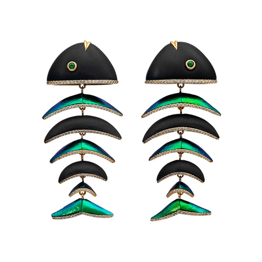 Scarab-Studded Koi Cascade Earrings with Diamond & Tsavorite