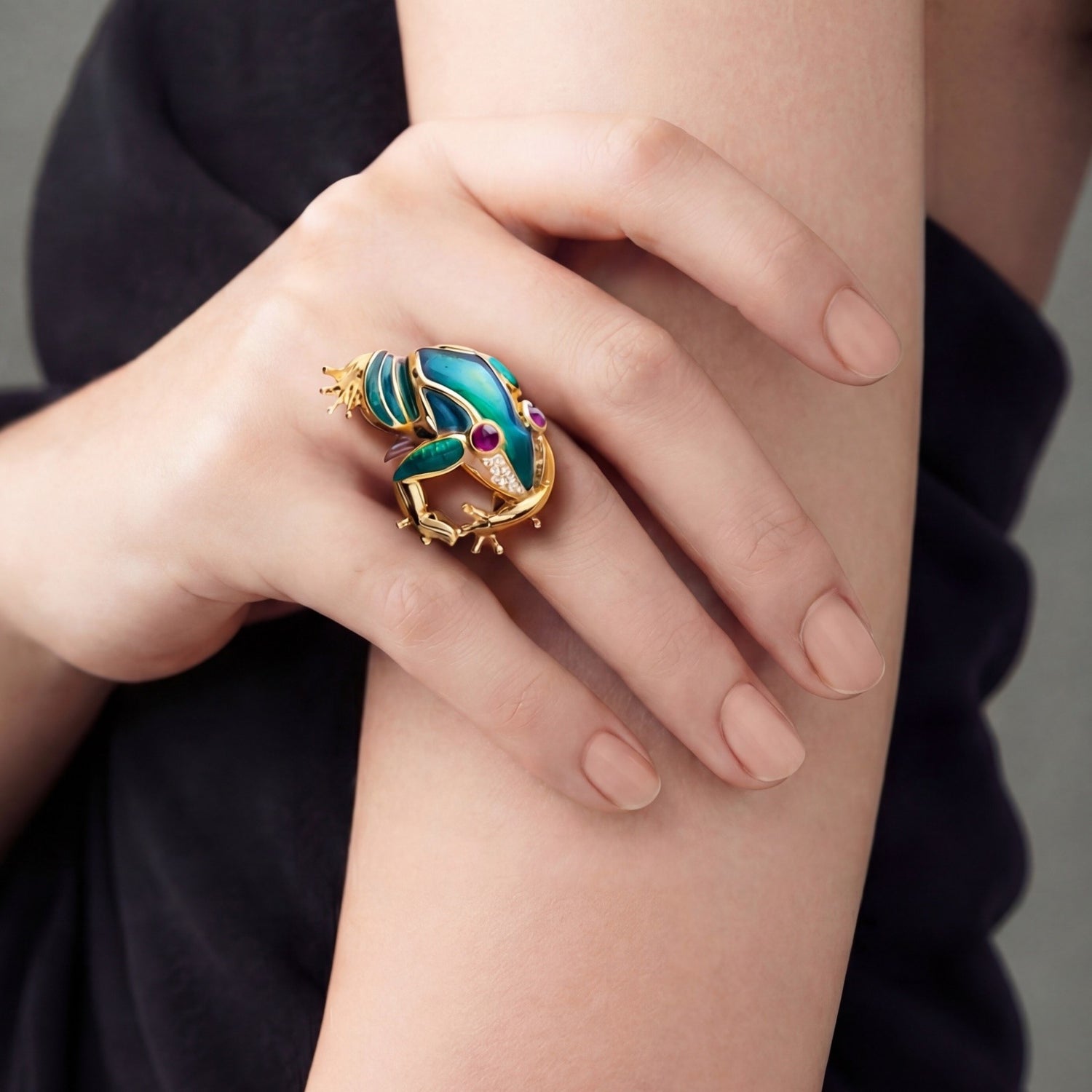 Leaping Frog Scarab Ring with Diamond, Rubellite