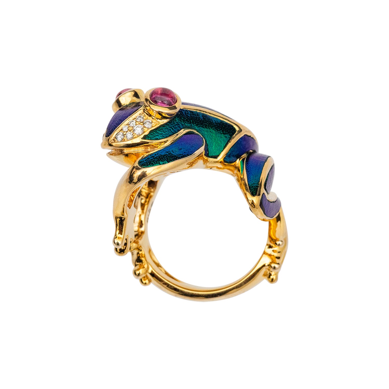 Leaping Frog Scarab Ring with Diamond, Rubellite