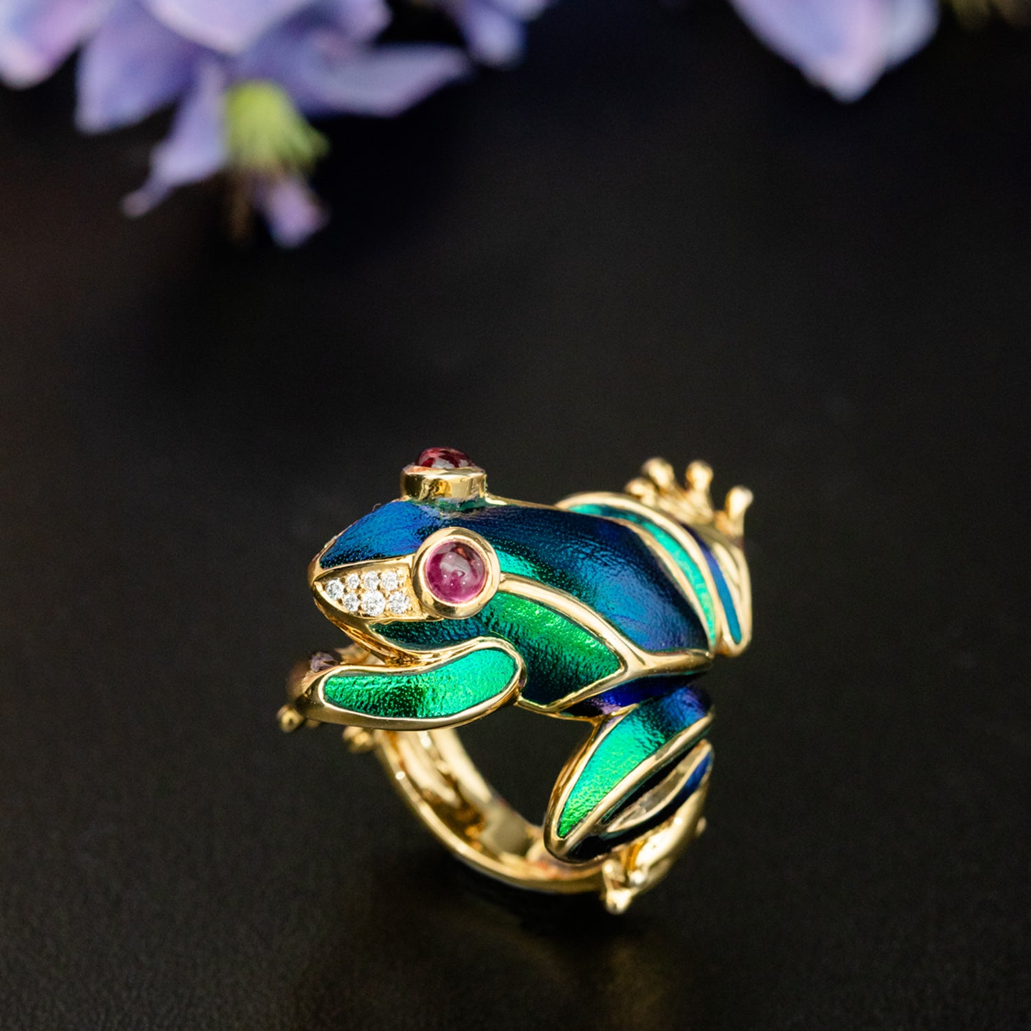 Leaping Frog Scarab Ring with Diamond, Rubellite