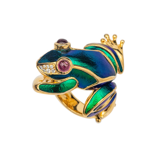 Leaping Frog Scarab Ring with Diamond, Rubellite