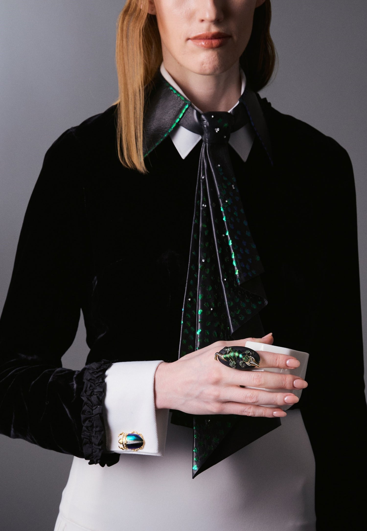 Floating Crocodile Scarab Ring with Tsavorite, Diamond & Ruby