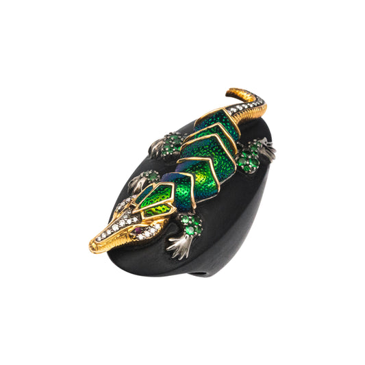 Floating Crocodile Scarab Ring with Tsavorite, Diamond & Ruby