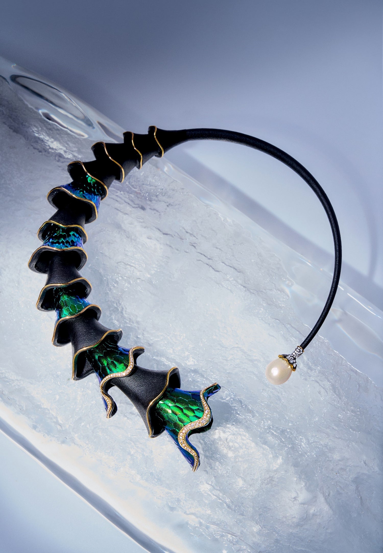 Cascading Scarab Necklace with Diamond & Pearl
