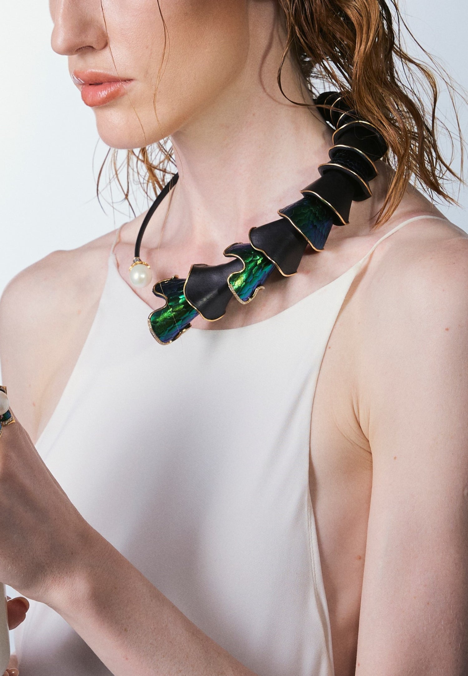 Cascading Scarab Necklace with Diamond & Pearl