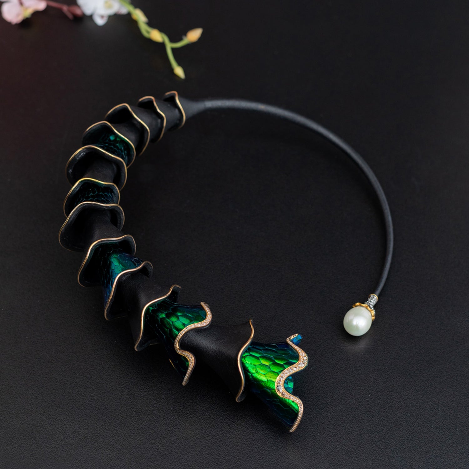 Cascading Scarab Necklace with Diamond & Pearl