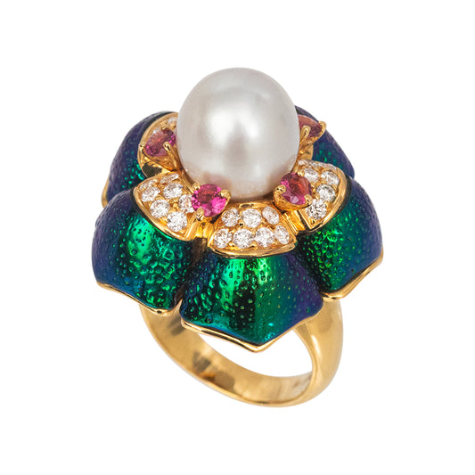 Pearl-Heart and Scarab-Petalled Lotus Ring
