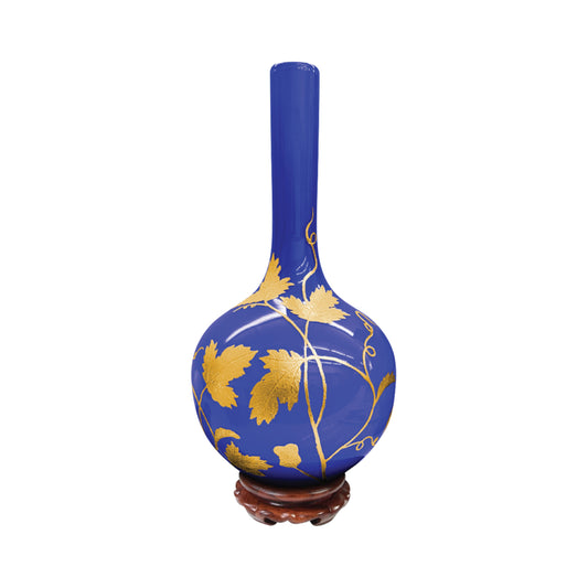 Blue Glass Vase with Gold Leaf and Wooden Stand