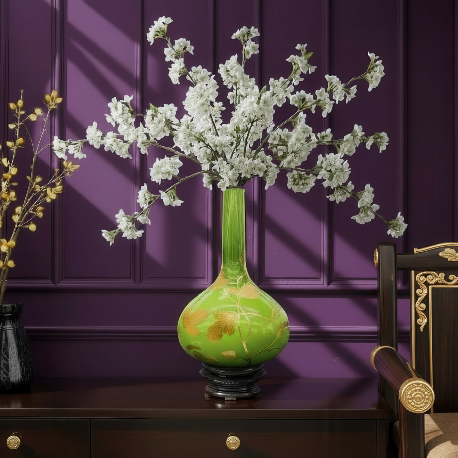 Green Glass Vase with Gold Leaf and Wooden Stand