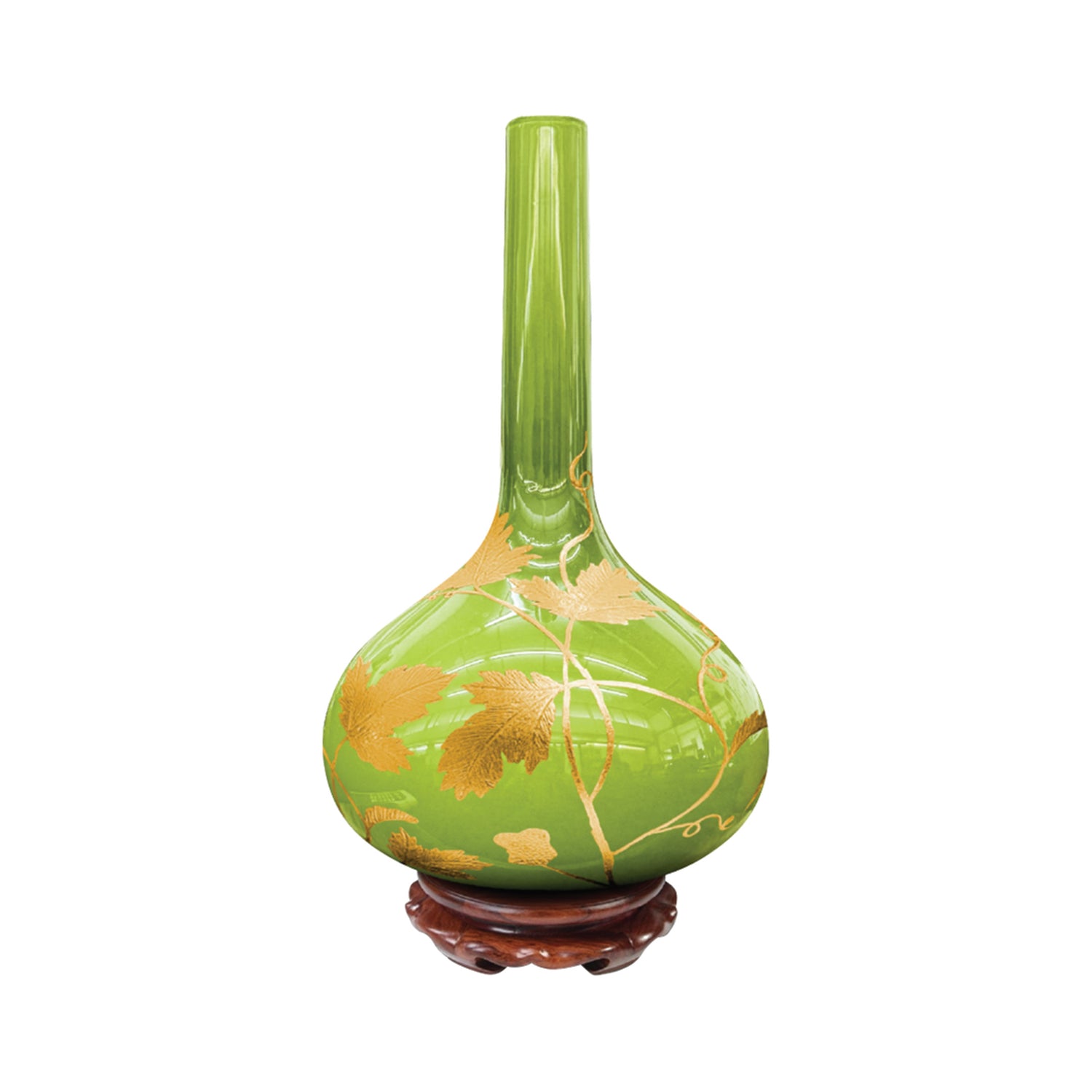 Green Glass Vase with Gold Leaf and Wooden Stand