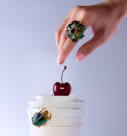 Scarab Camellia Flower Ring with Diamond & Pink Tourmaline
