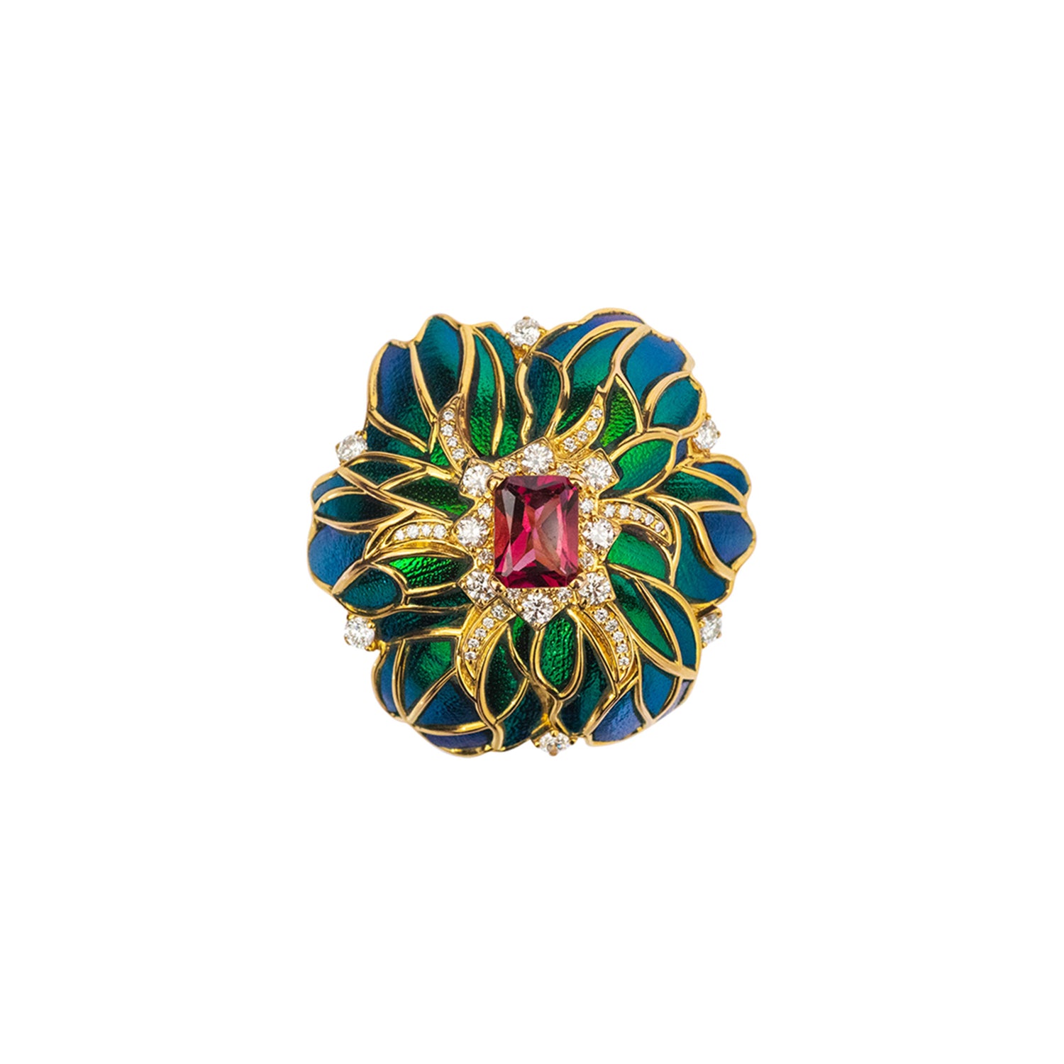 Scarab Camellia Flower Ring with Diamond & Pink Tourmaline