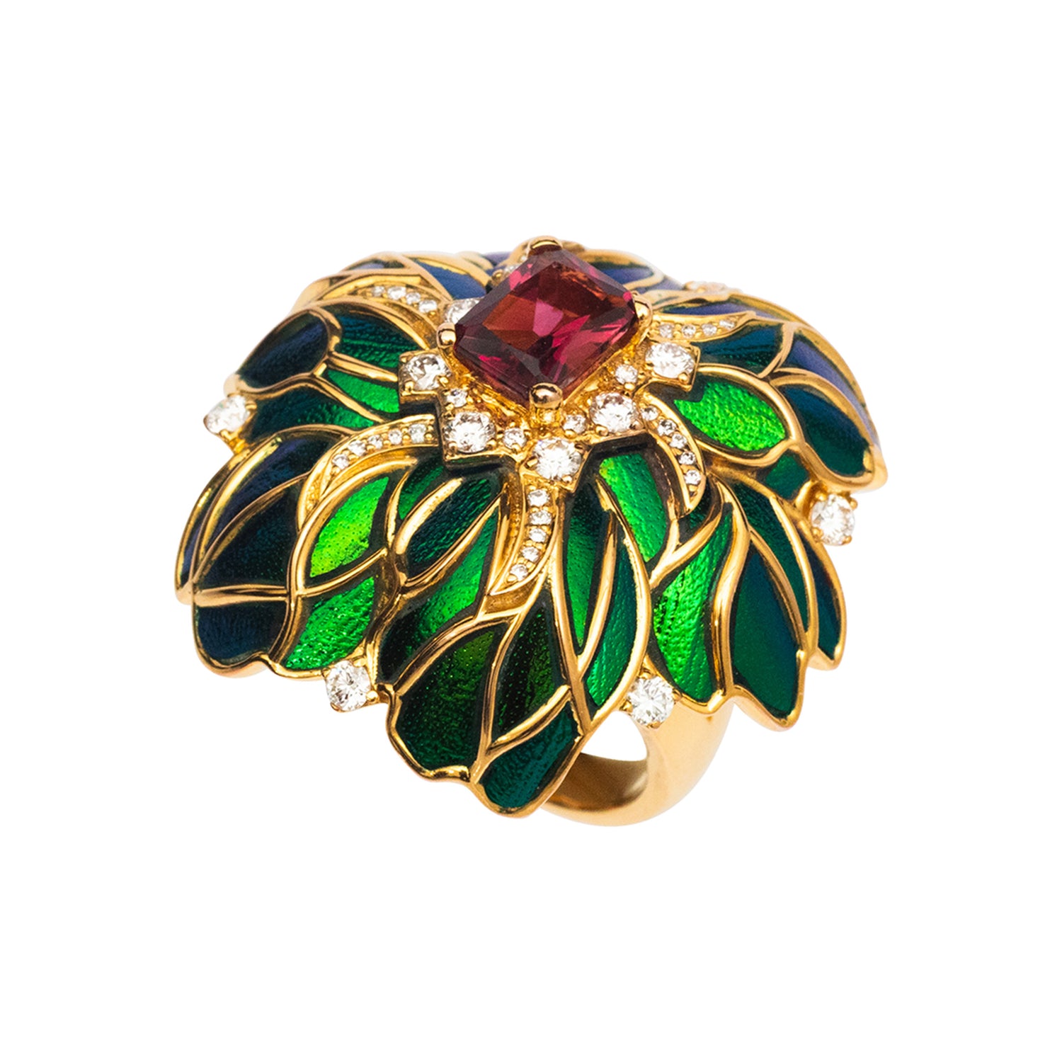 Scarab Camellia Flower Ring with Diamond & Pink Tourmaline