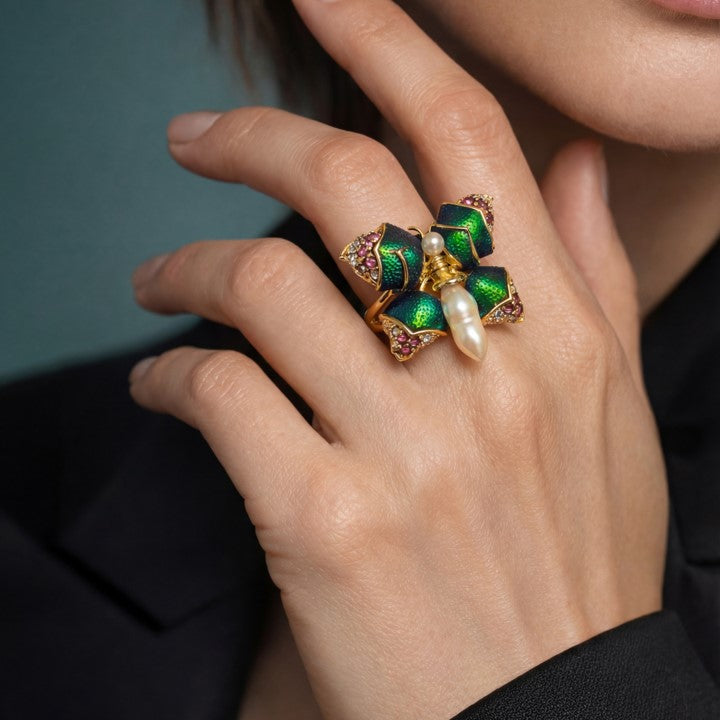 Scarab Graceful Butterfly Ring with Pearl, Diamond & Pink Tourmaline