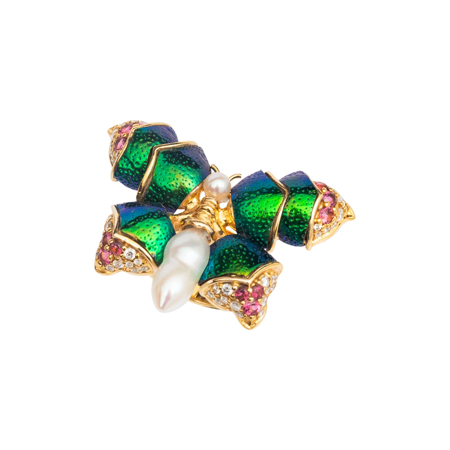 Scarab Graceful Butterfly Ring with Pearl, Diamond & Pink Tourmaline