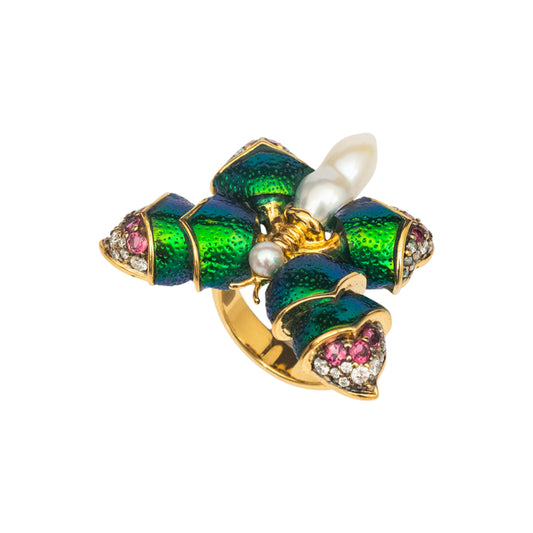 Scarab Graceful Butterfly Ring with Pearl, Diamond & Pink Tourmaline