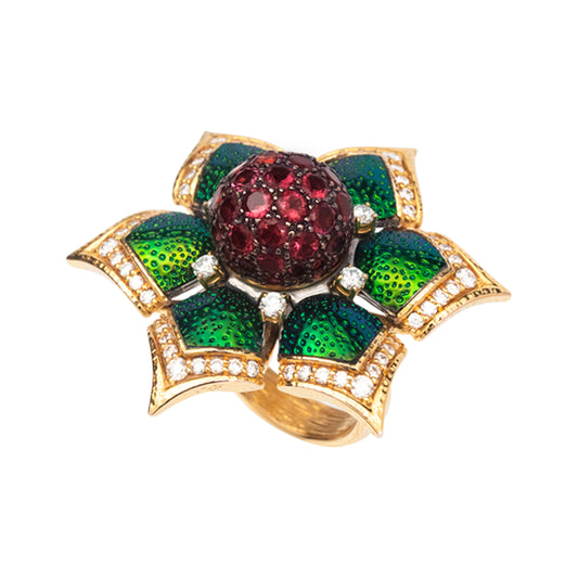 Scarab Floral Rosette Ring with Diamond and Pink Tourmaline
