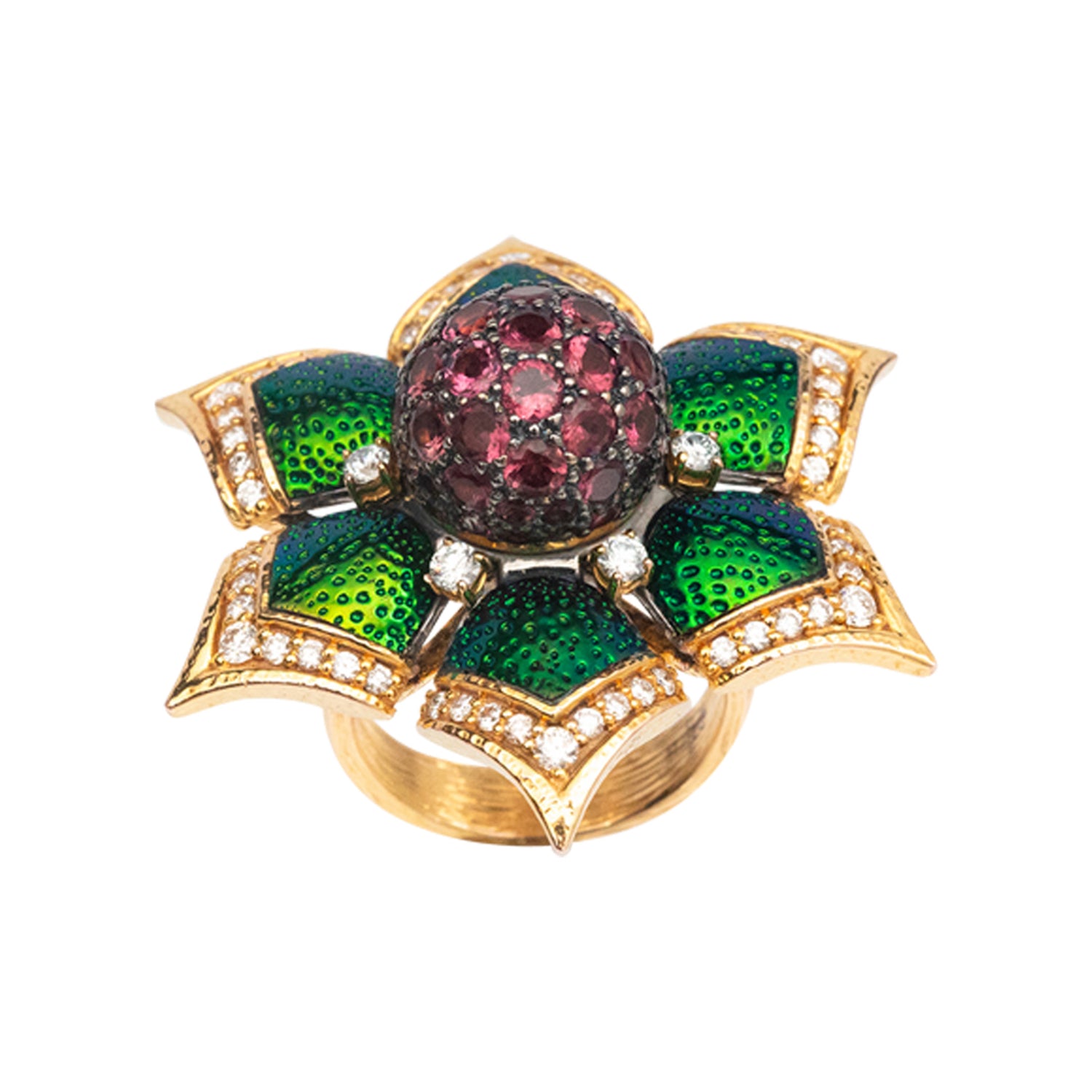 Scarab Floral Rosette Ring with Diamond and Pink Tourmaline