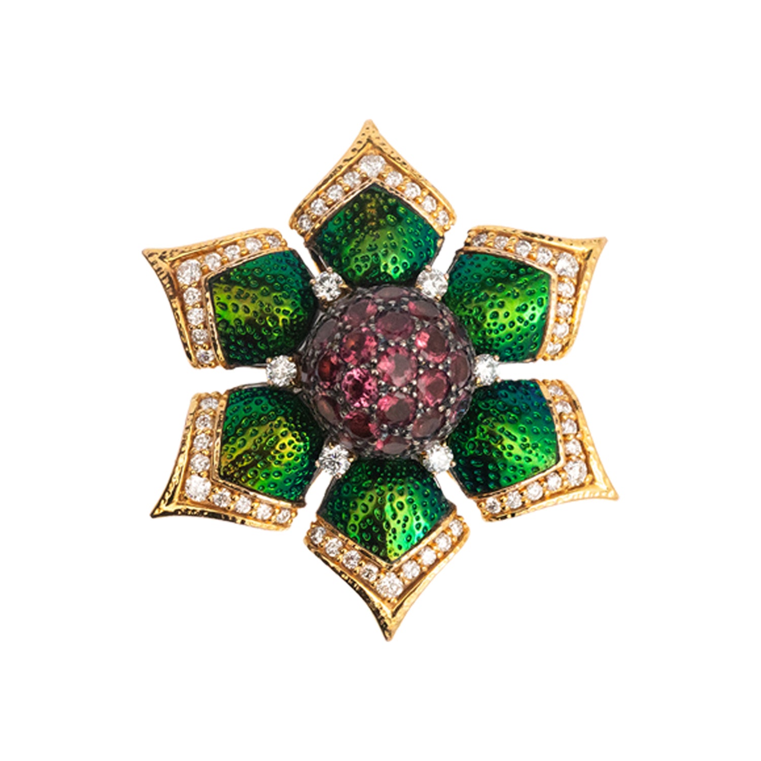 Scarab Floral Rosette Ring with Diamond and Pink Tourmaline