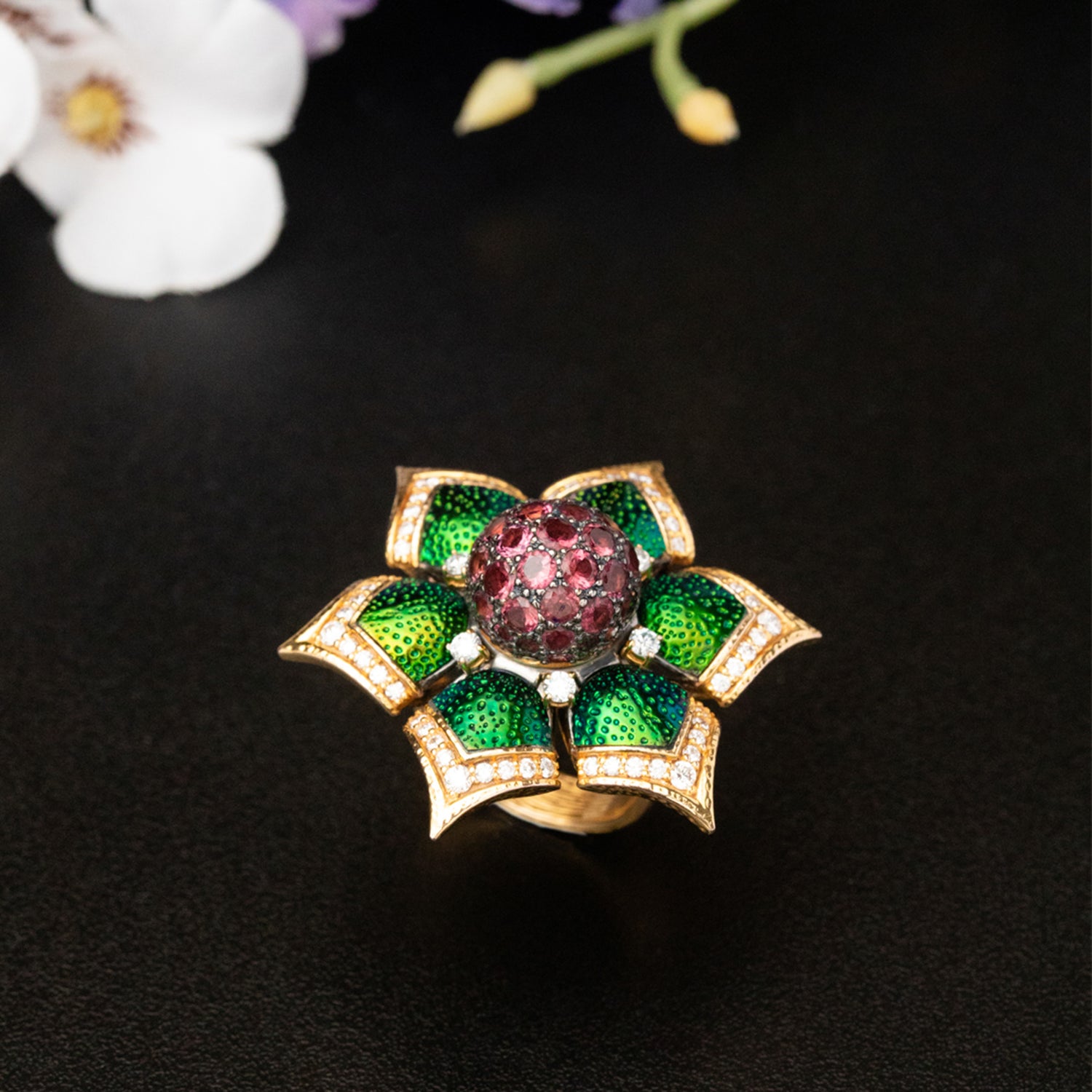 Scarab Floral Rosette Ring with Diamond and Pink Tourmaline