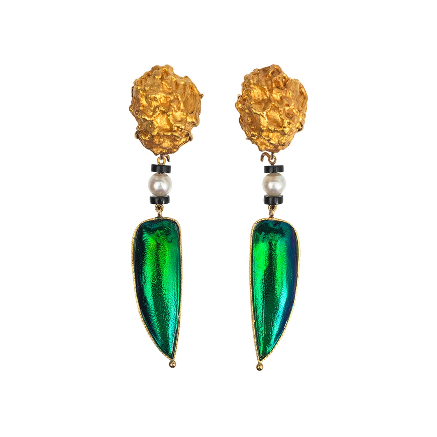 Gold Nugget Earrings with Scarab and Diamond