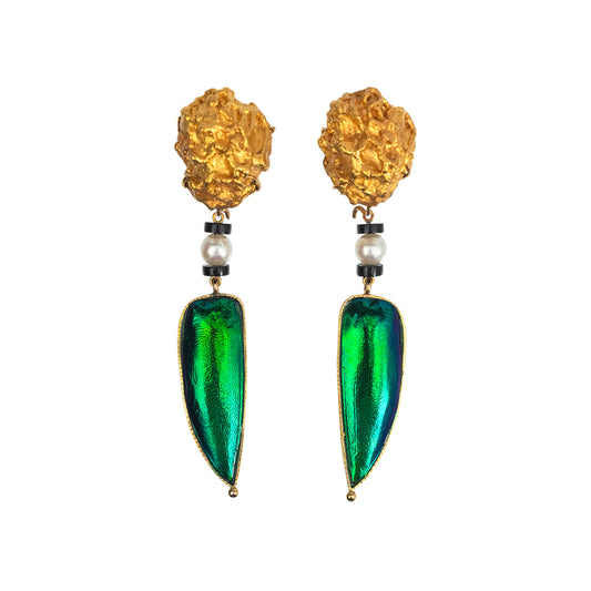 Gold Nugget Earrings with Scarab and Diamond