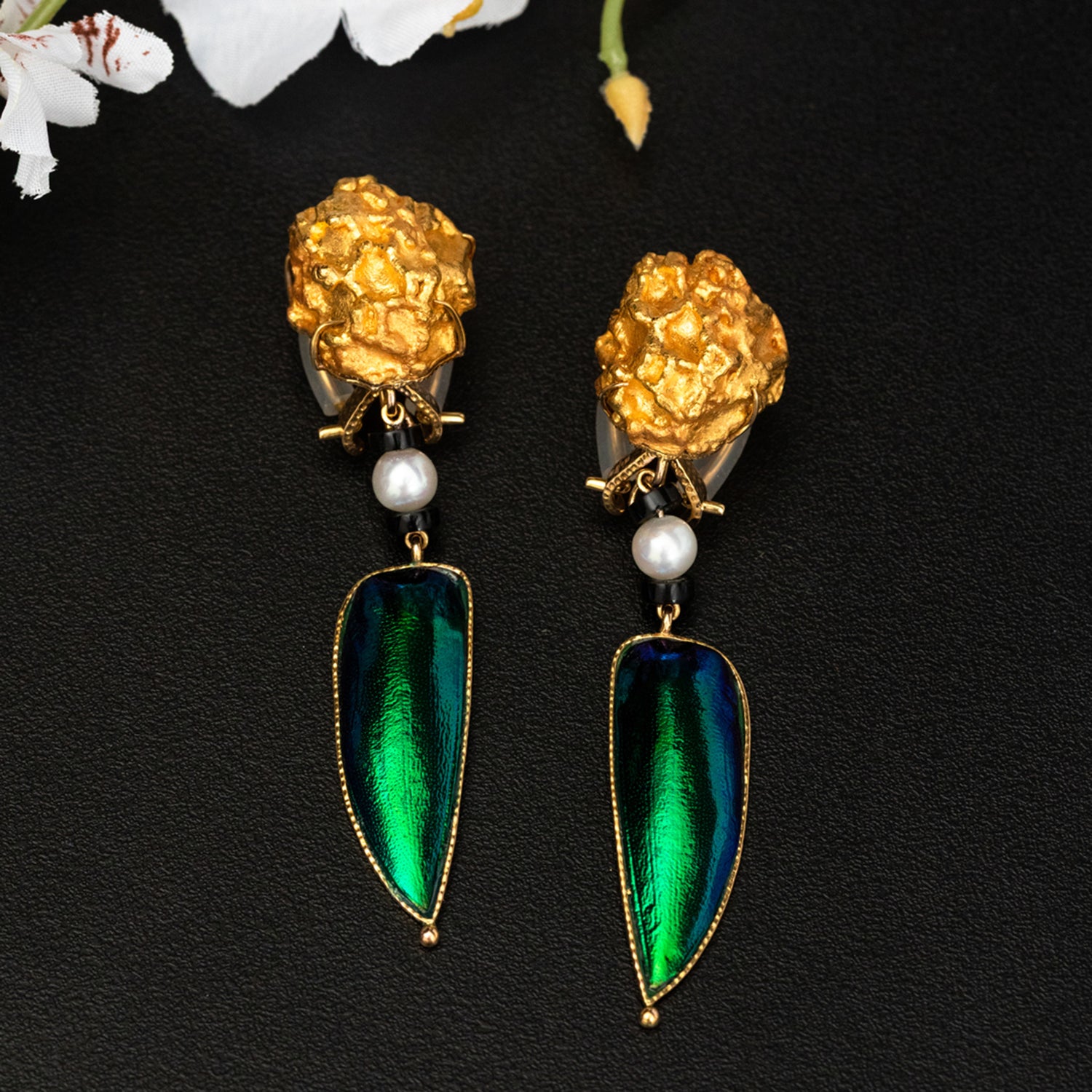 Gold Nugget Earrings with Scarab and Diamond