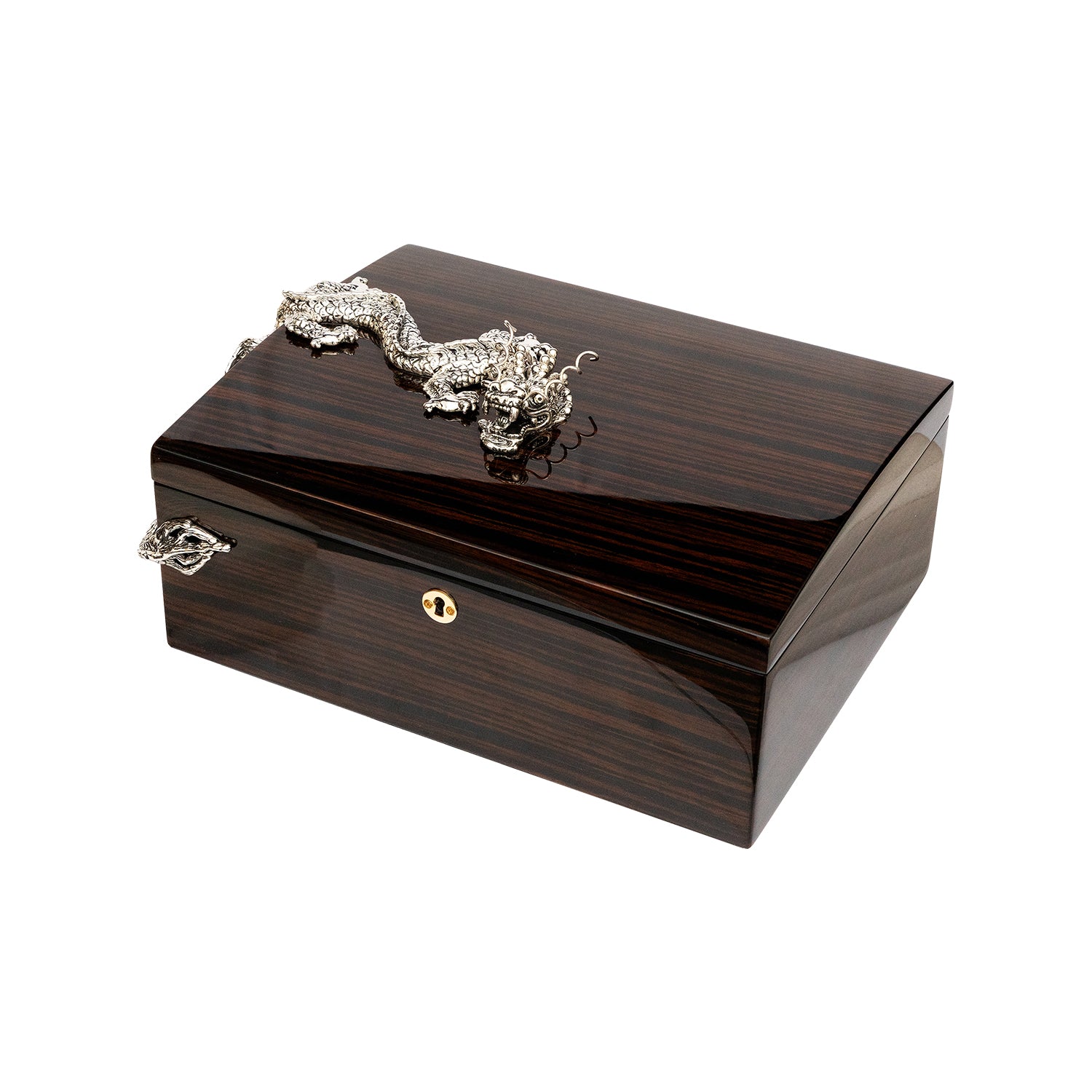 Pommele Cigar Humidor with Silver Dragon