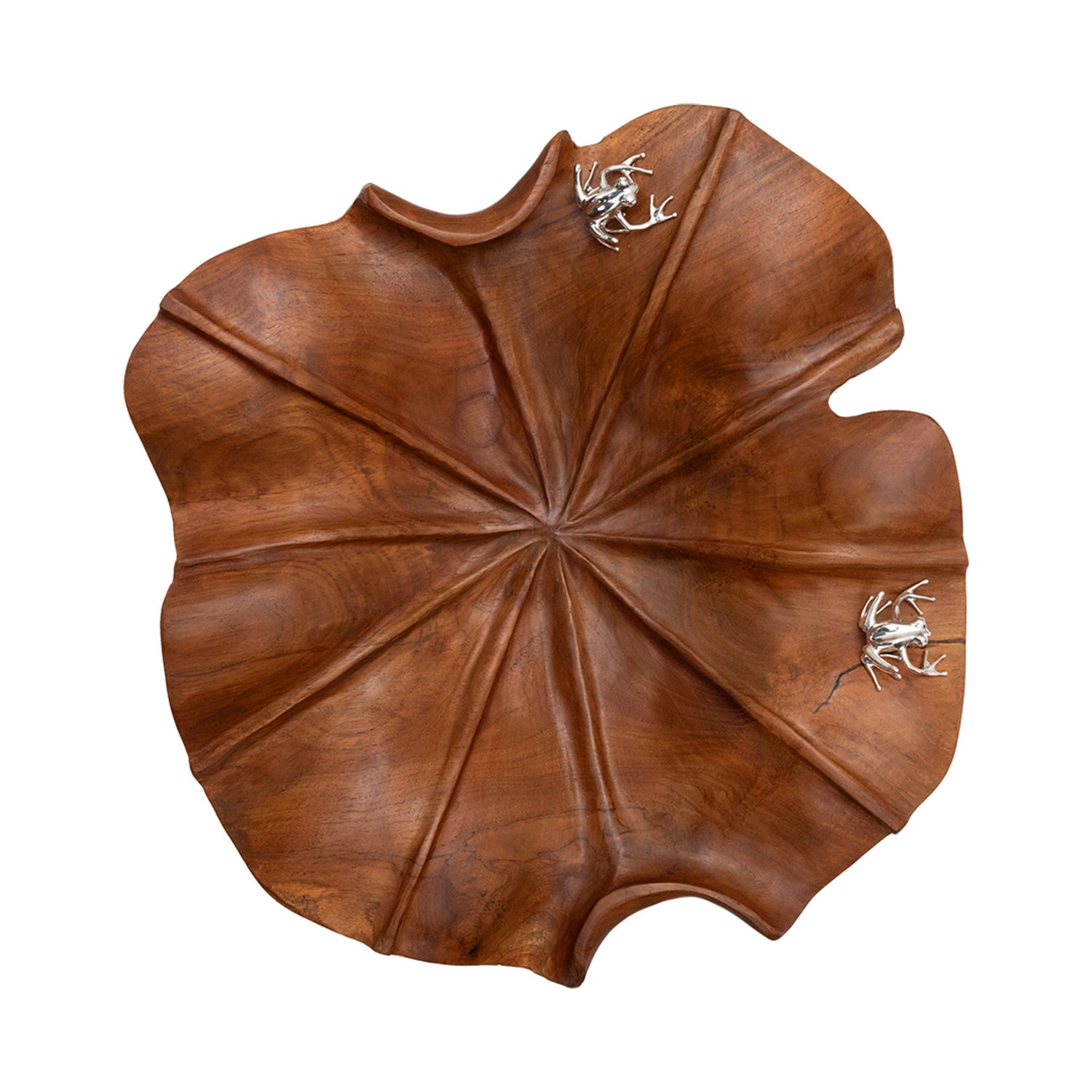 Carved Leaf Teak Bowl with Silver Frogs