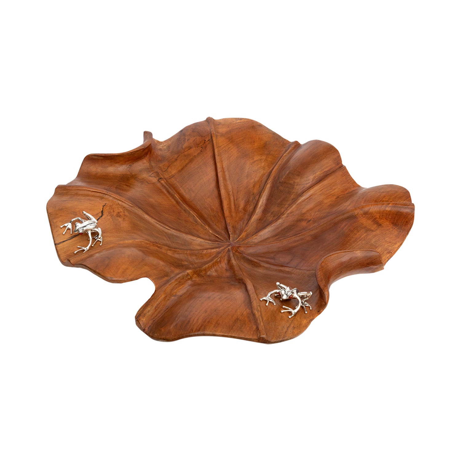 Carved Leaf Teak Bowl with Silver Frogs
