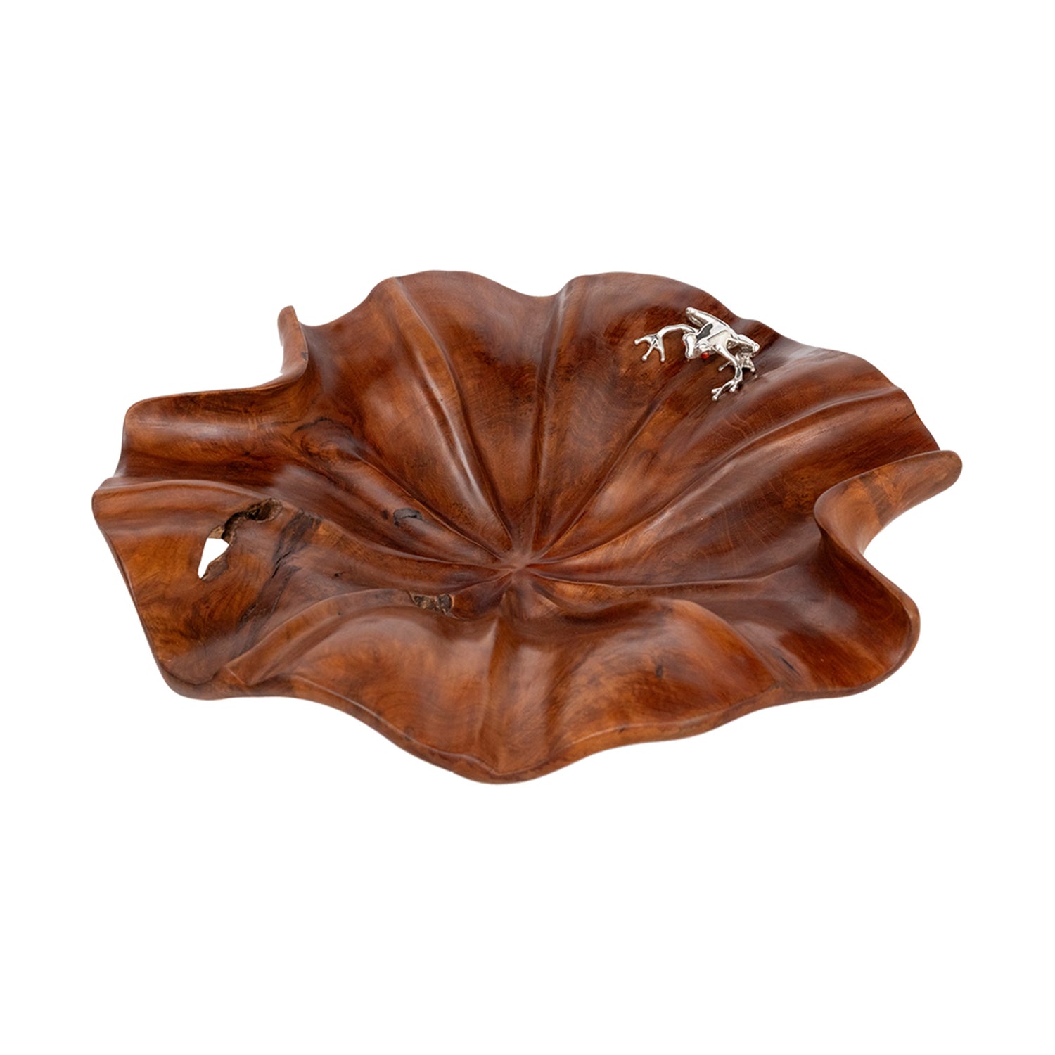 Carved Leaf Teak Bowl with Silver Frog