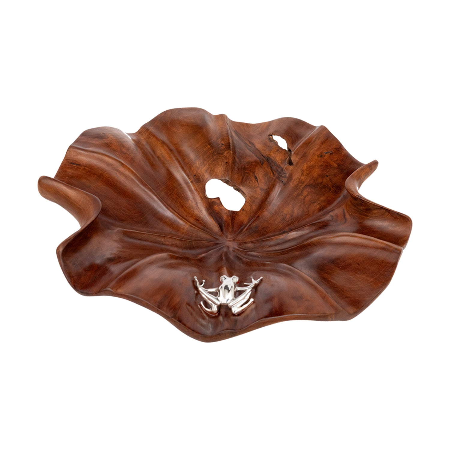 Carved Leaf Teak Bowl with Silver Frog