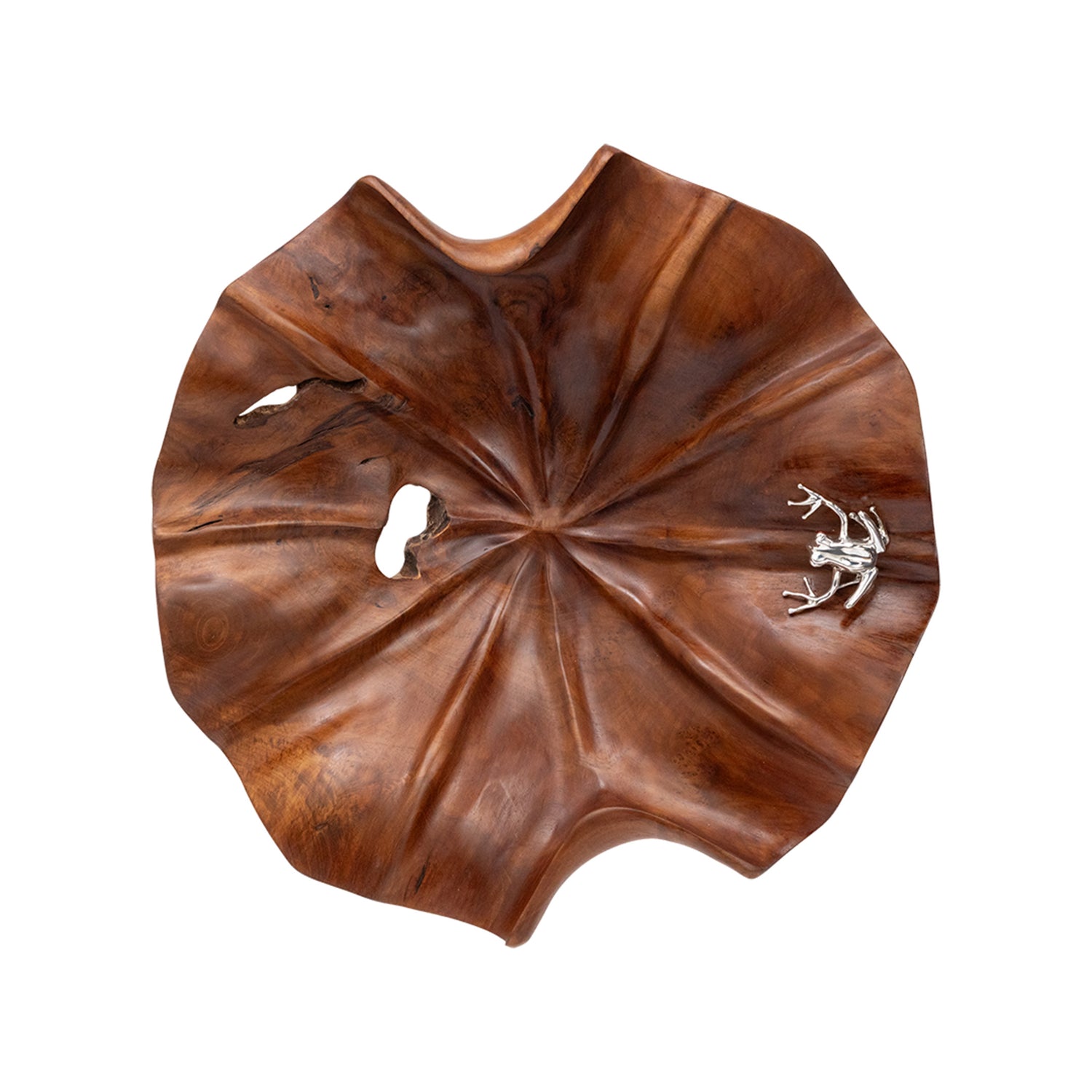 Carved Leaf Teak Bowl with Silver Frog