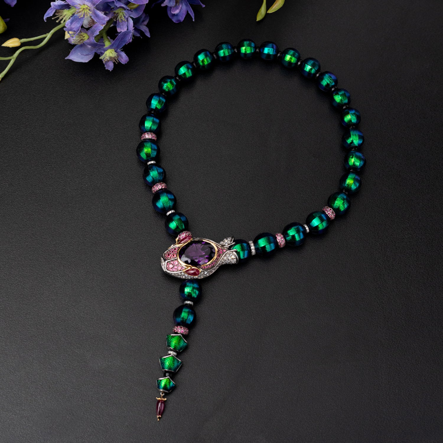 Imperial Scarab & Amethyst Snake Drop Necklace
