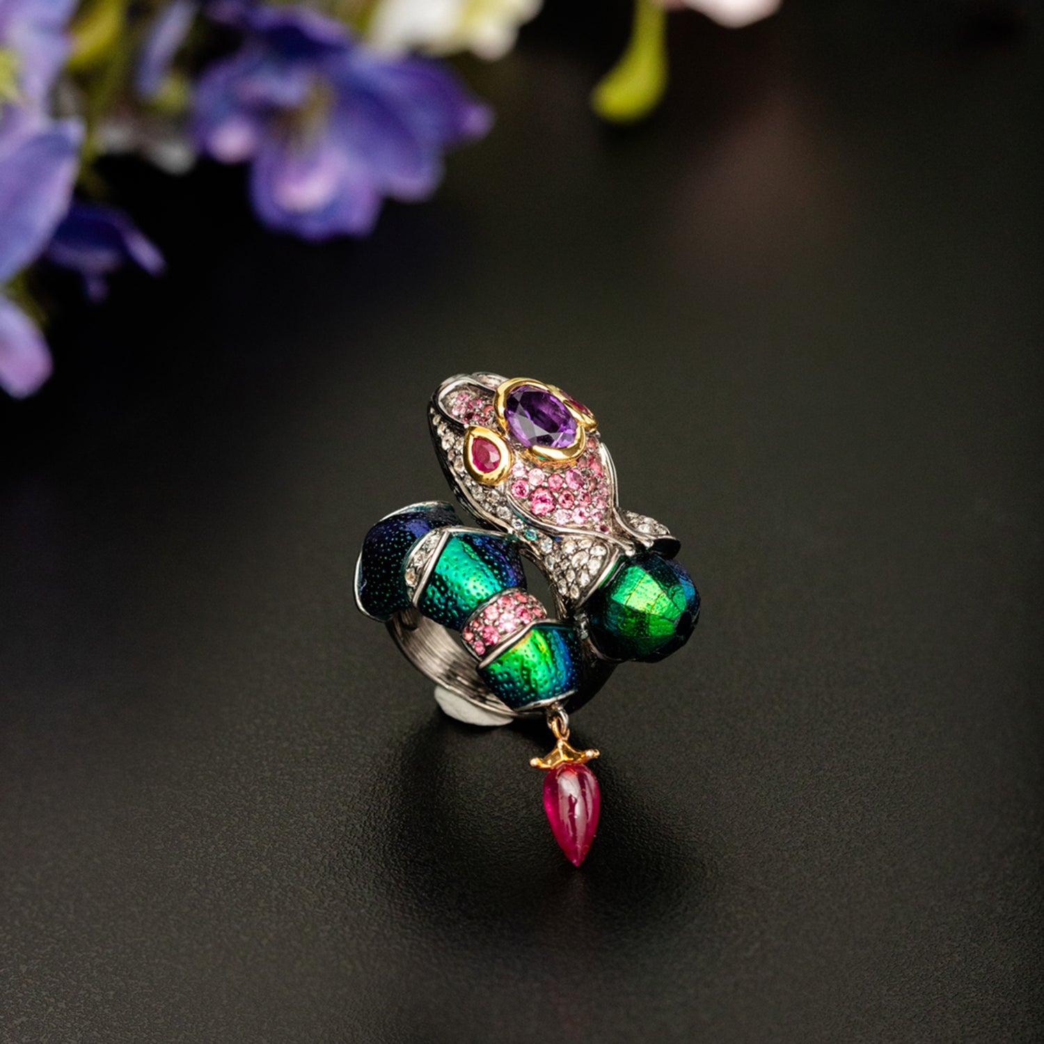 Imperial Scarab & Amethyst Snake Ring