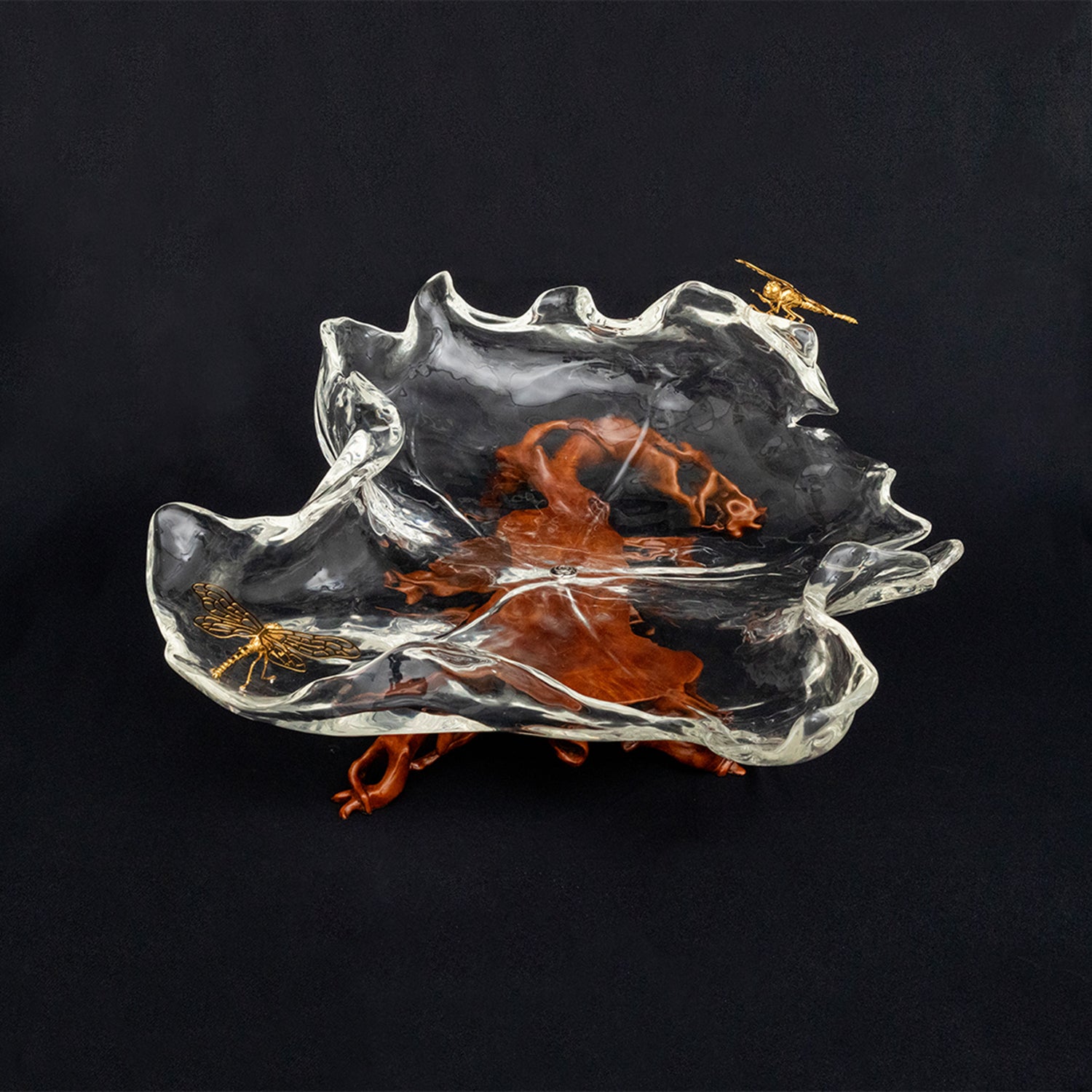 Glacial Maple Leaf Bowl with Golden Dragonflies