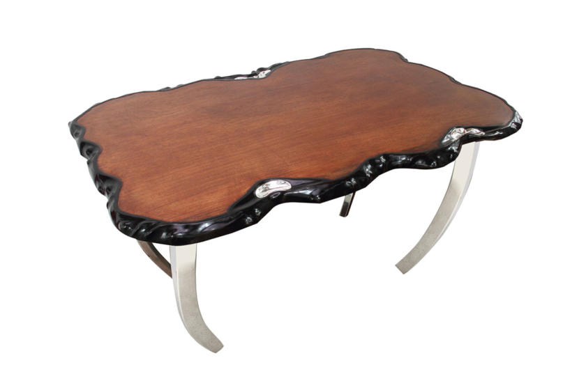 Burl Wood Table with Sterling Silver and Stainless Steel Legs #L