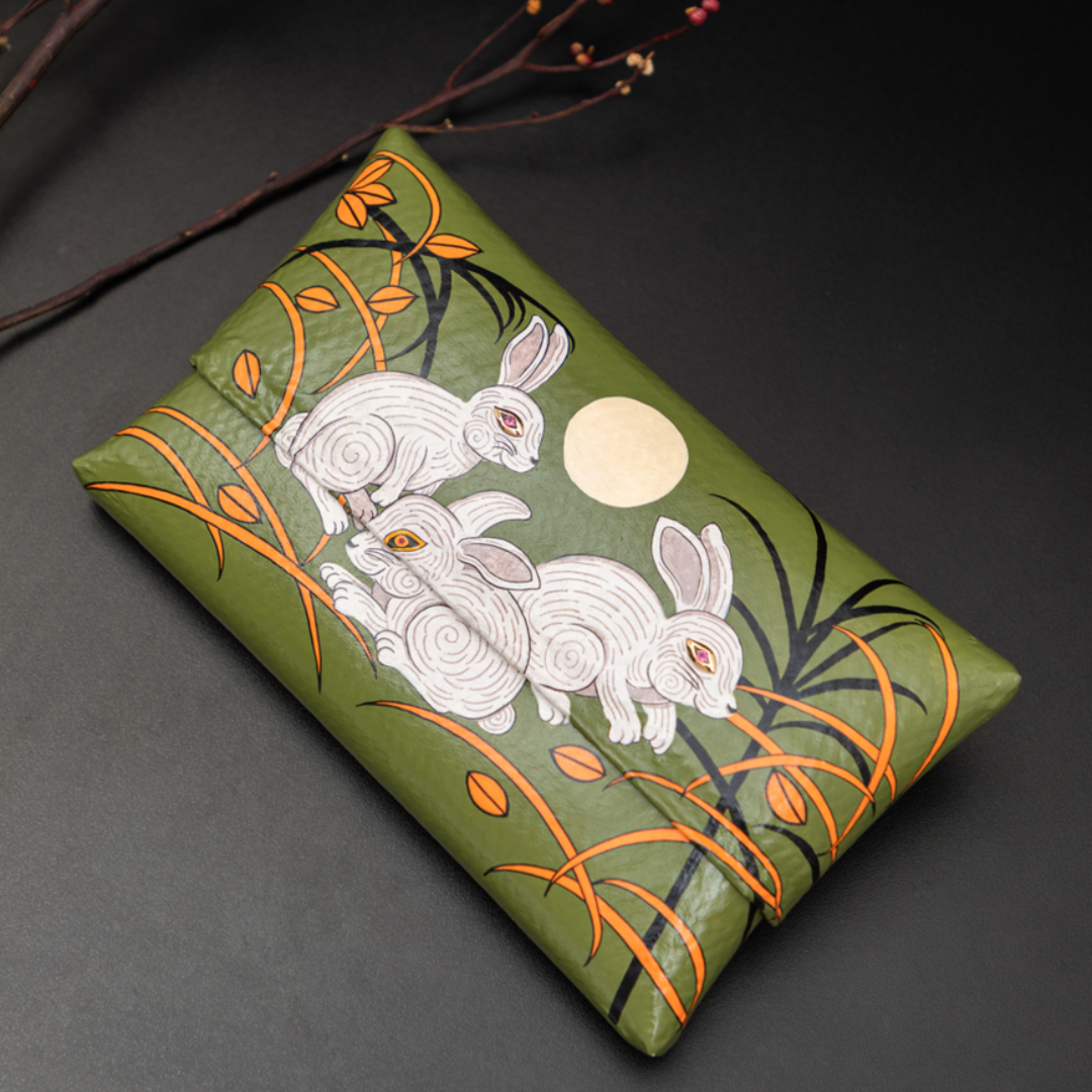 Bamboo Clutch with Hand-Painted Cheerful Rabbits and Tourmaline