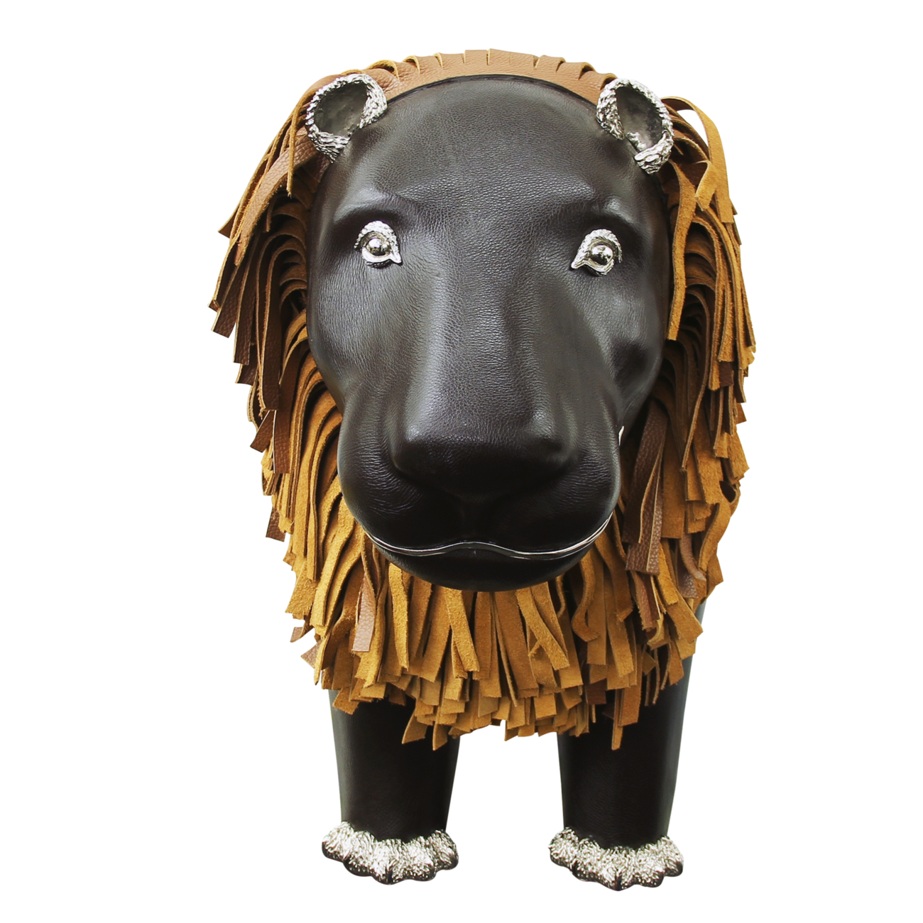 Brown Leather Lion Stool